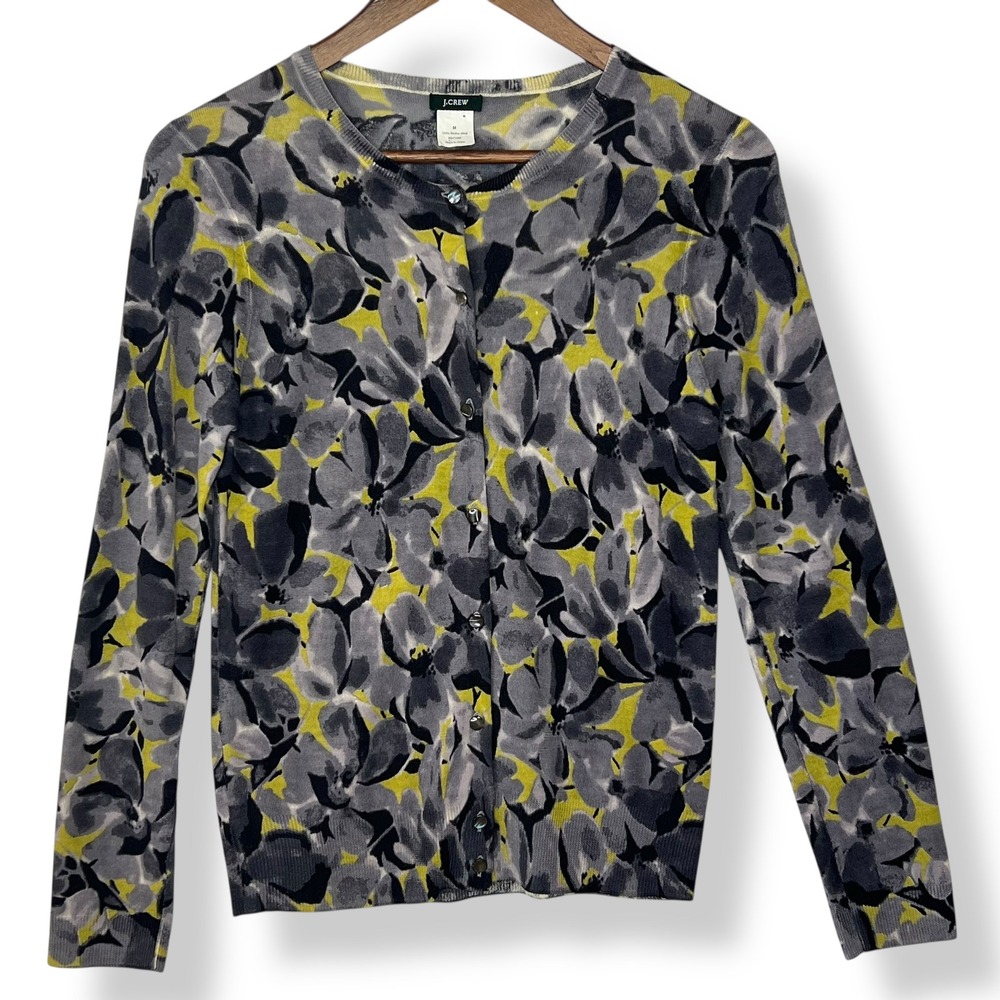 J. Crew M 100% Merino Wool Floral Gray Yellow Black Cardigan Sweater Lightweight